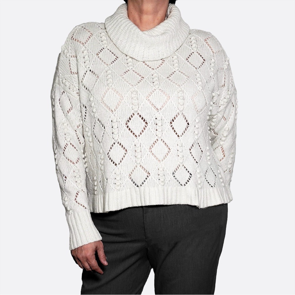 LOFT Cozy Alabaster Wool Blend Cowl‎ Neck Pointelle Sweater Old Money Plus 1X XL